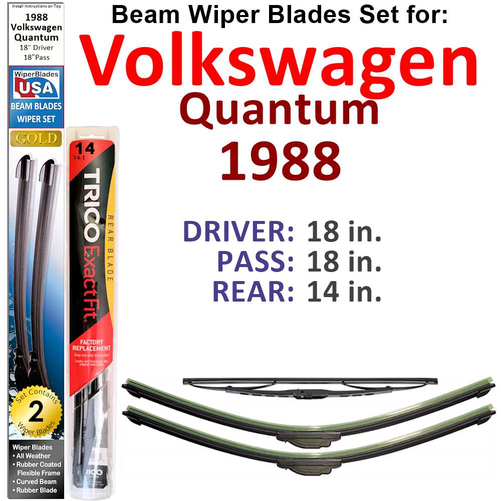 Set of 3 Beam Wiper Blades designed for 1988 Volkswagen Quantum, showcasing their sleek design and durable construction.