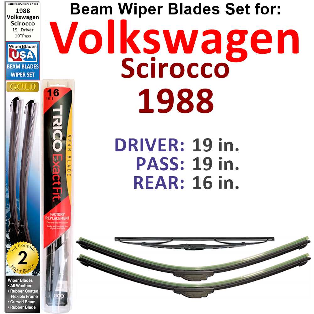 Set of 3 Beam Wiper Blades designed for 1988 Volkswagen Scirocco, showcasing their flexible and durable construction.