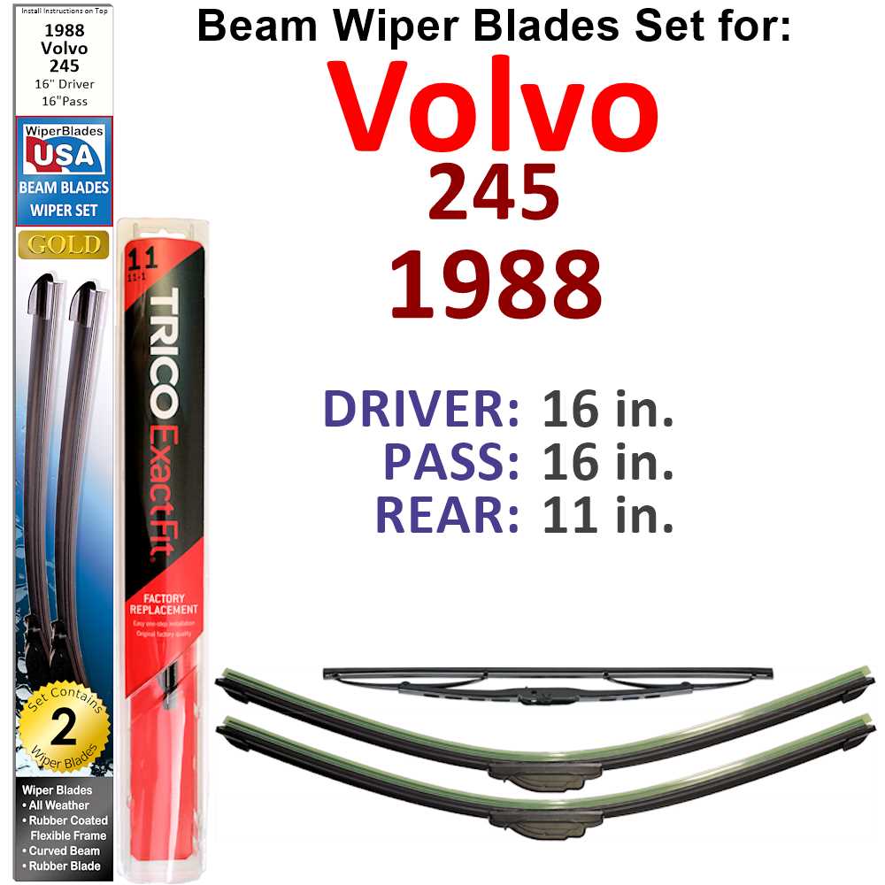 Set of 3 Beam Wiper Blades designed for 1988 Volvo 245, showcasing their flexible and durable construction.