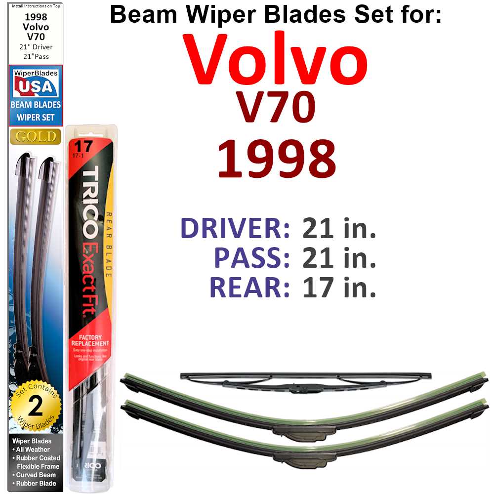 Set of 3 Beam Wiper Blades designed for 1998 Volvo V70, showcasing their sleek design and durable construction.