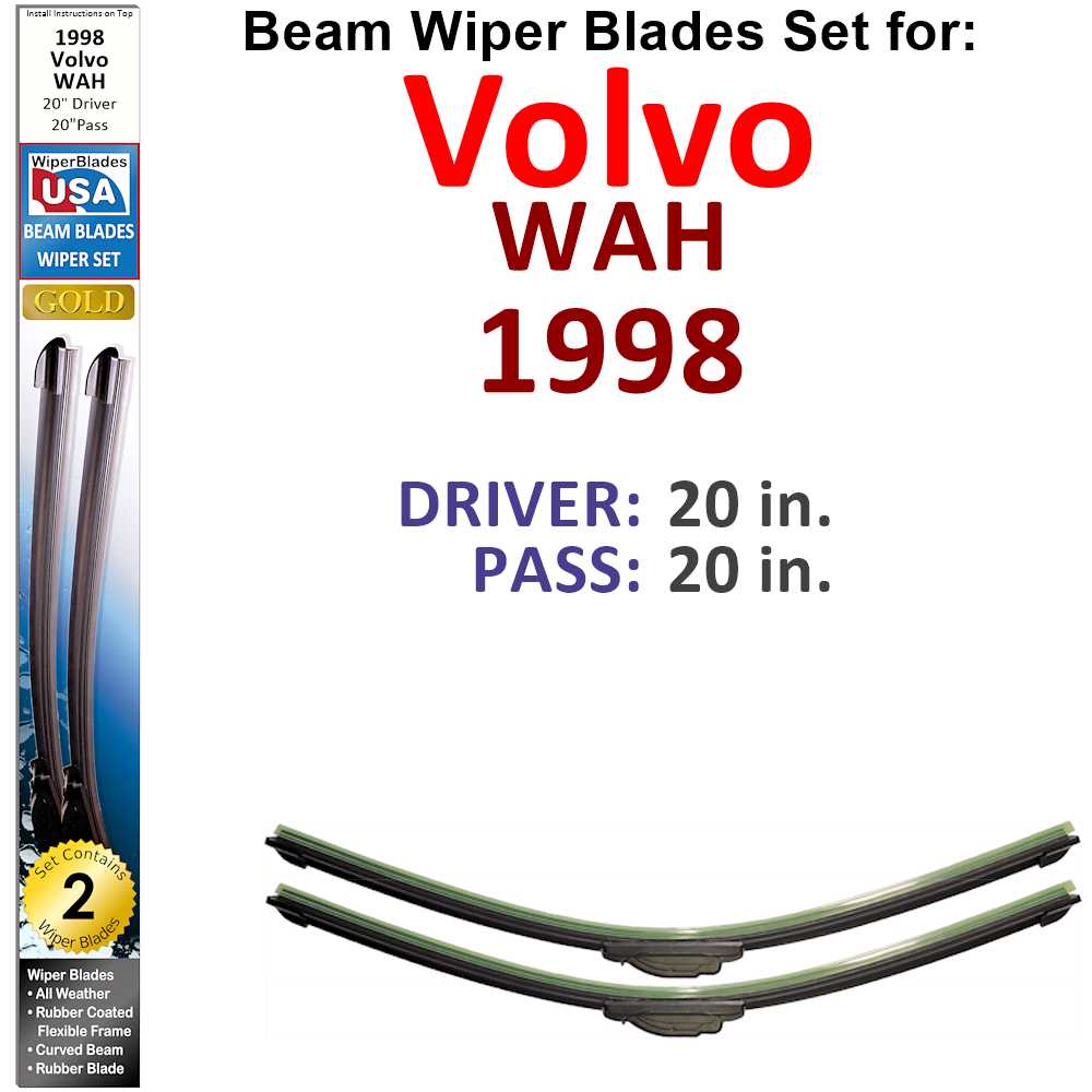 Set of 2 Beam Wiper Blades designed for 1998 Volvo WAH, showcasing their flexible and durable construction.