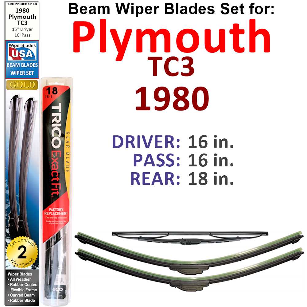 Set of 3 Beam Wiper Blades designed for 1980 Plymouth TC3, showcasing their flexible and durable design.