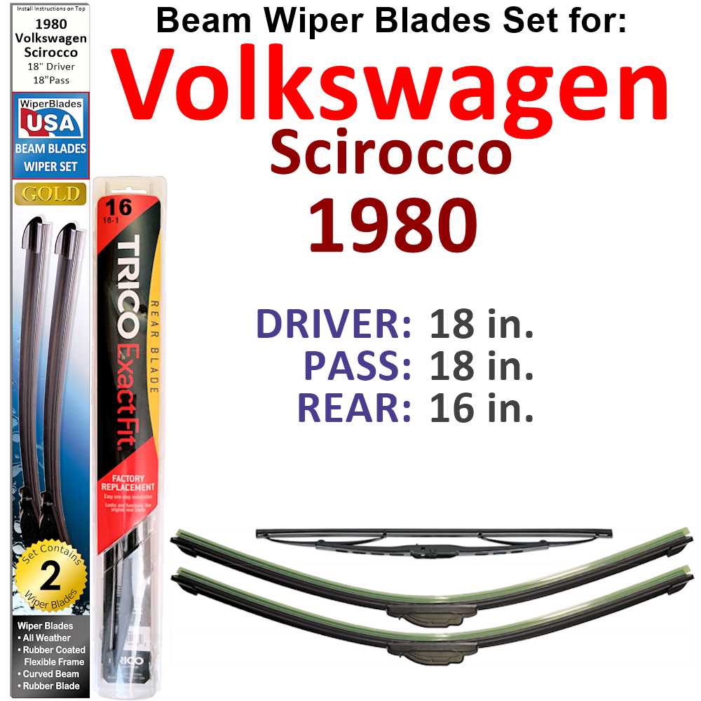 Set of 3 Beam Wiper Blades designed for 1980 Volkswagen Scirocco, showcasing their flexible and durable design.