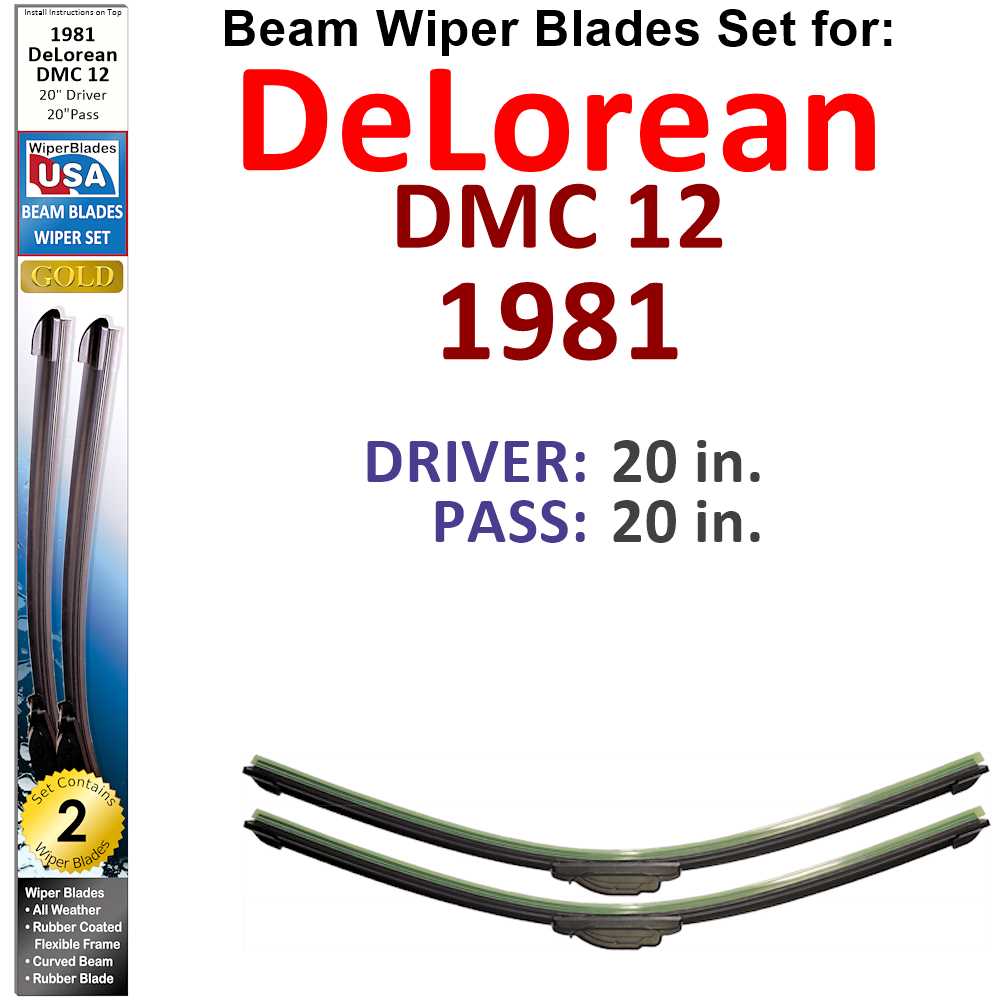 Set of 2 Beam Wiper Blades designed for 1981 DeLorean DMC 12, showcasing their sleek design and rubber-encased metal spine.