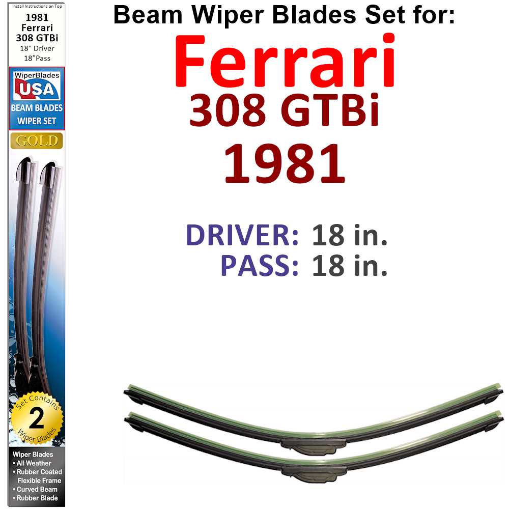 Set of two Beam Wiper Blades designed for 1981 Ferrari 308 GTBi, showcasing their flexible and sealed design for optimal performance.