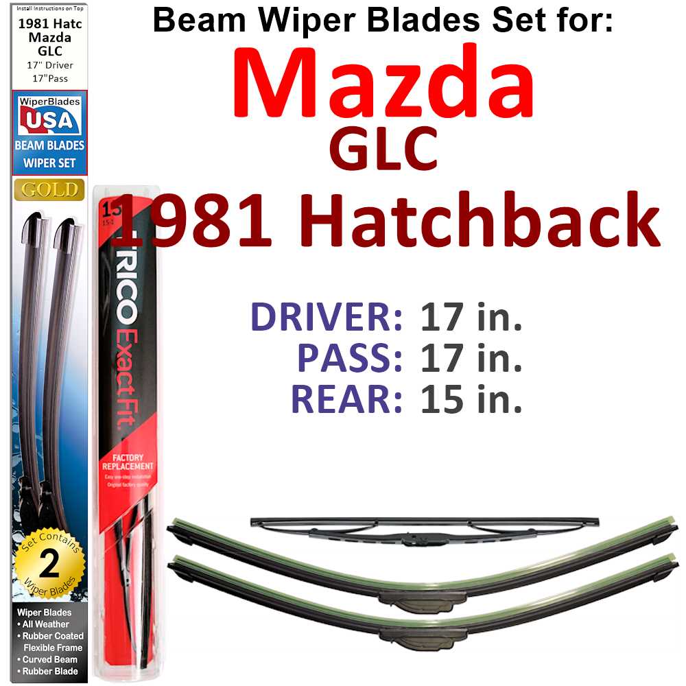 Set of 3 Beam Wiper Blades designed for 1981 Mazda GLC Hatchback, showcasing their flexible and durable design.