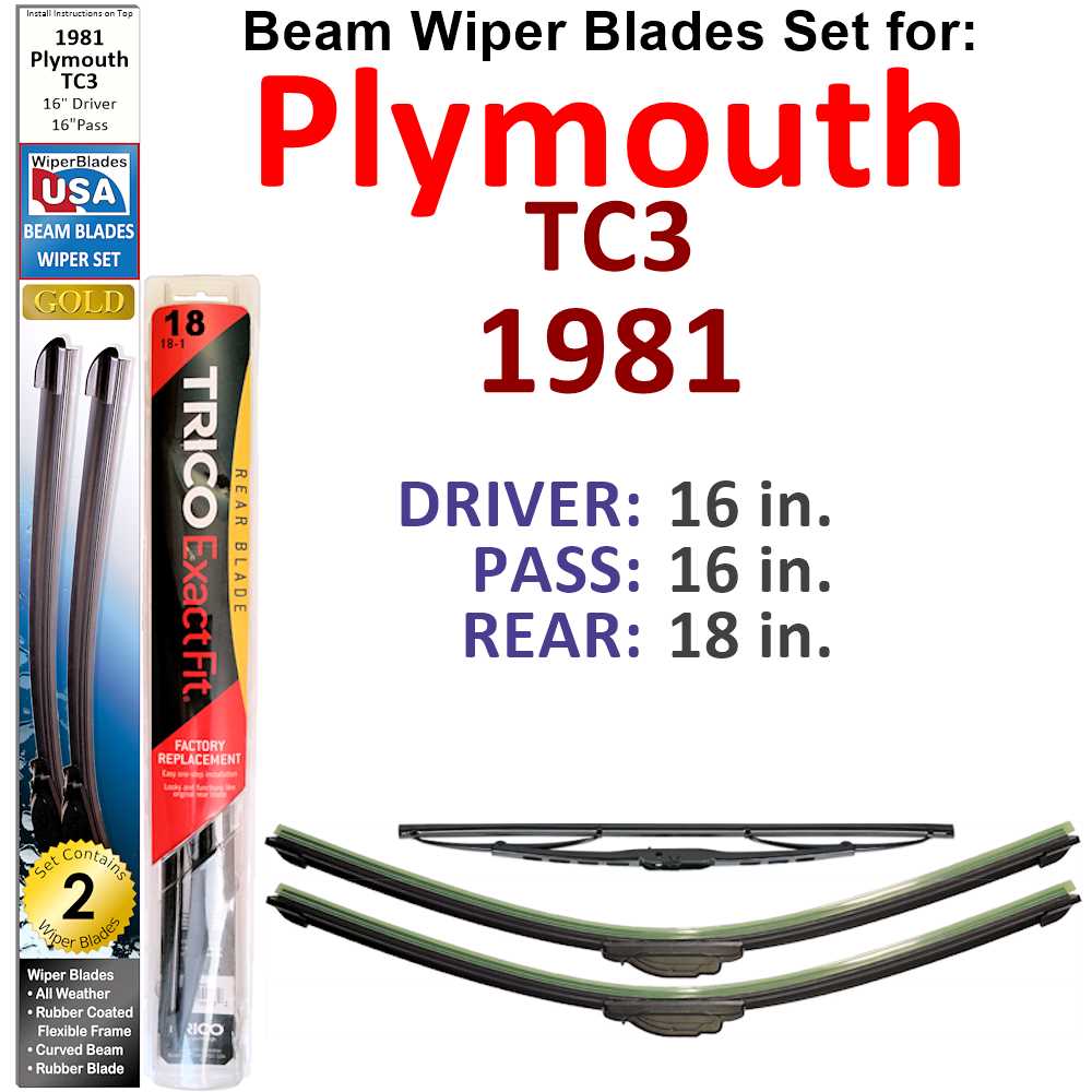 Set of 3 Beam Wiper Blades designed for 1981 Plymouth TC3, showcasing their flexible and durable construction.