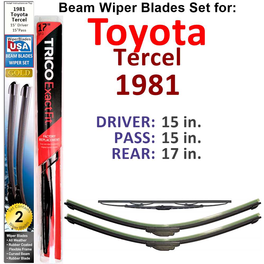 Set of 3 Beam Wiper Blades designed for 1981 Toyota Tercel, showcasing their flexible and durable construction.