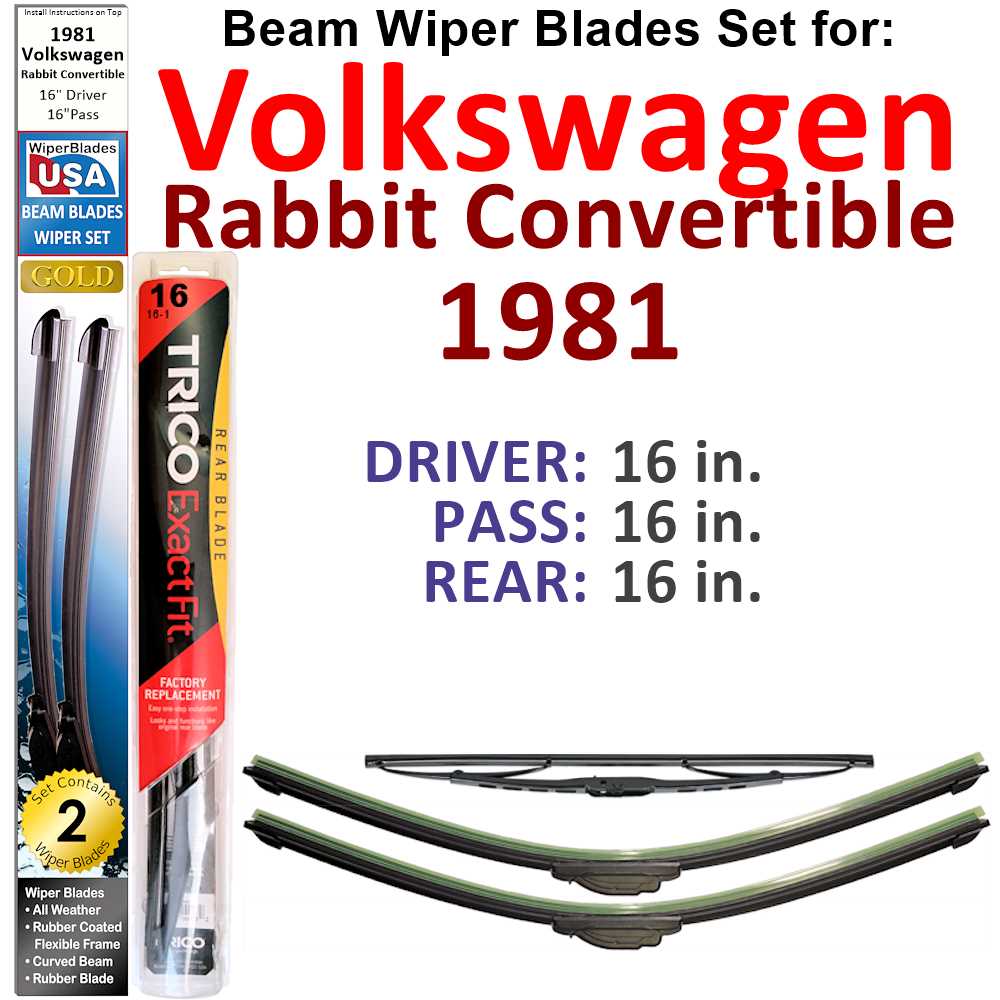 Set of 3 Beam Wiper Blades designed for 1981 Volkswagen Rabbit Convertible, showcasing their flexible and durable design.