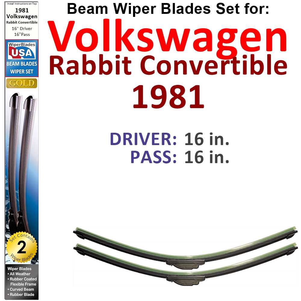 Set of two Beam Wiper Blades designed for 1981 Volkswagen Rabbit Convertible, showcasing their flexible and durable construction.