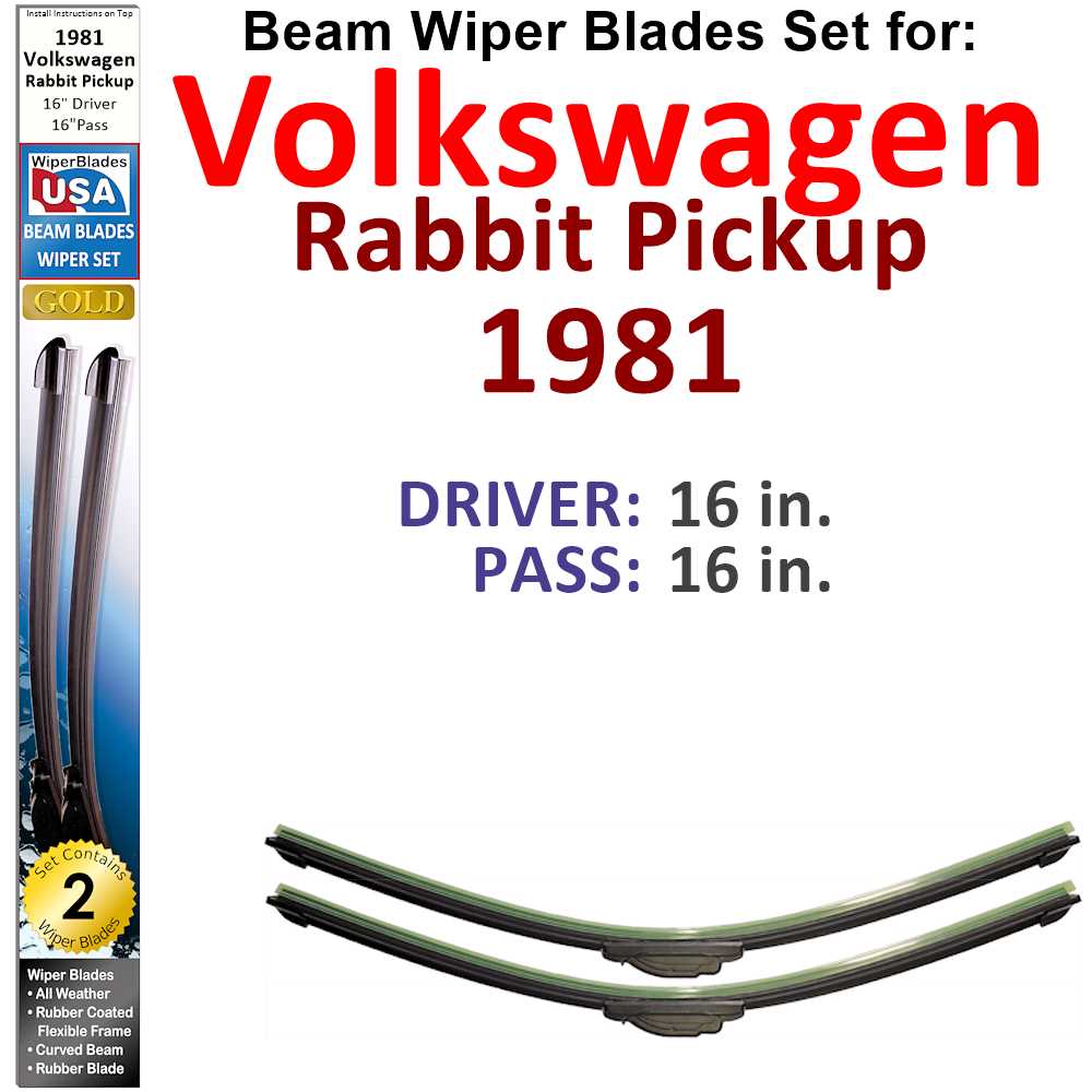 Set of 2 Beam Wiper Blades designed for 1981 Volkswagen Rabbit Pickup, showcasing their flexible and durable construction.