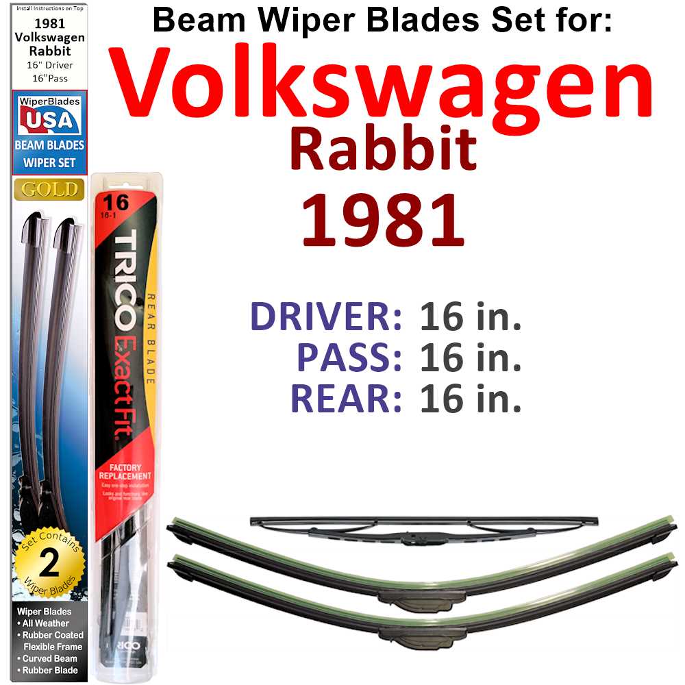 Set of 3 Beam Wiper Blades designed for 1981 Volkswagen Rabbit, showcasing their flexible and durable construction.