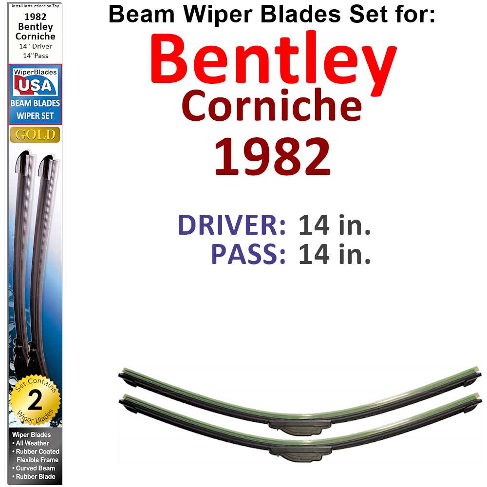 Set of two Beam Wiper Blades designed for 1982 Bentley Corniche, showcasing their sleek low-profile design and durable construction.