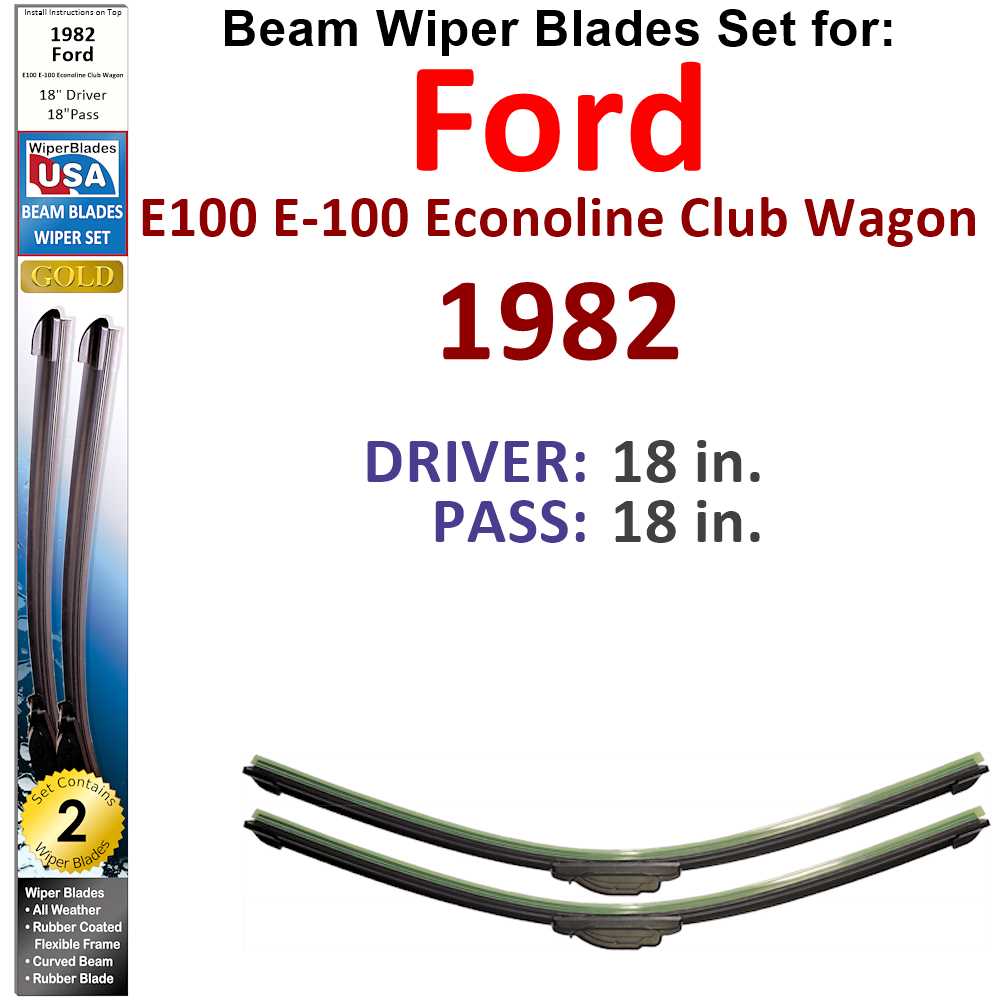 Set of Beam Wiper Blades designed for 1982 Ford E100 E-100 Econoline Club Wagon, showcasing their flexible and durable design.