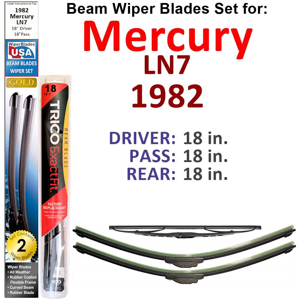 Set of 3 Beam Wiper Blades designed for 1982 Mercury LN7, showcasing their flexible and durable construction.