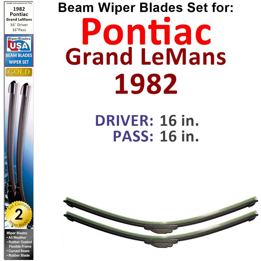 Set of two Beam Wiper Blades designed for 1982 Pontiac Grand LeMans, showcasing their flexible and durable construction.