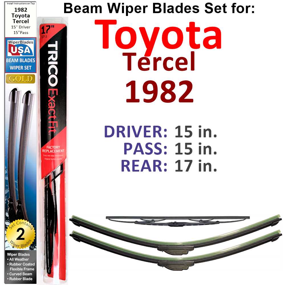 Set of 3 Beam Wiper Blades designed for 1982 Toyota Tercel, showcasing their flexible and durable construction.