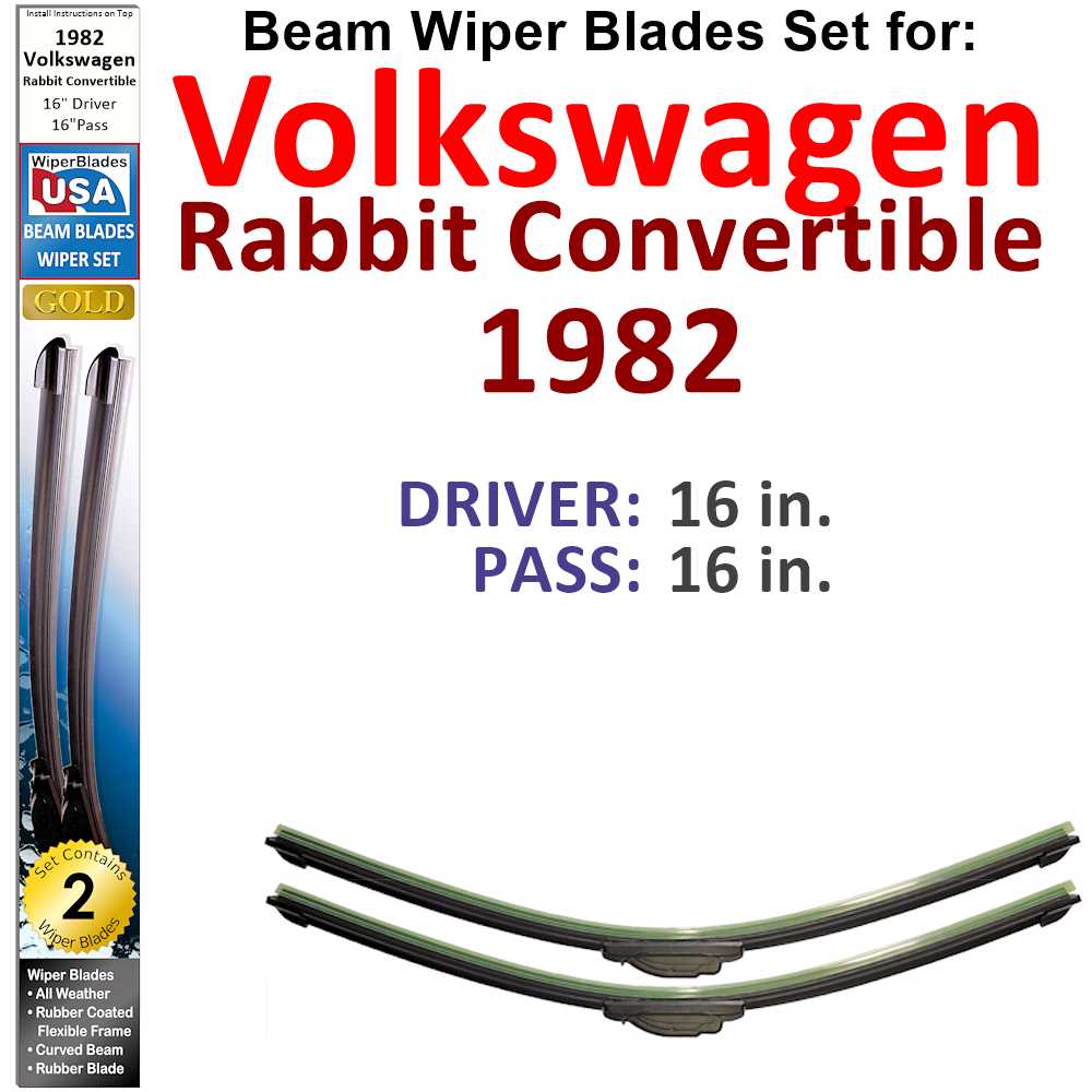 Set of 2 Beam Wiper Blades designed for 1982 Volkswagen Rabbit Convertible, showcasing their flexible and durable construction.