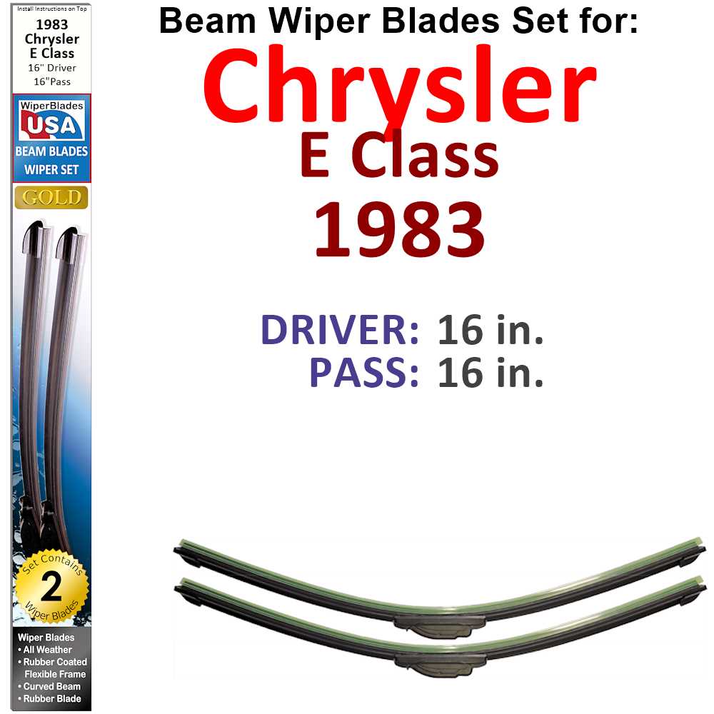 Set of two Beam Wiper Blades designed for 1983 Chrysler E Class, showcasing their flexible and sealed design for optimal performance.