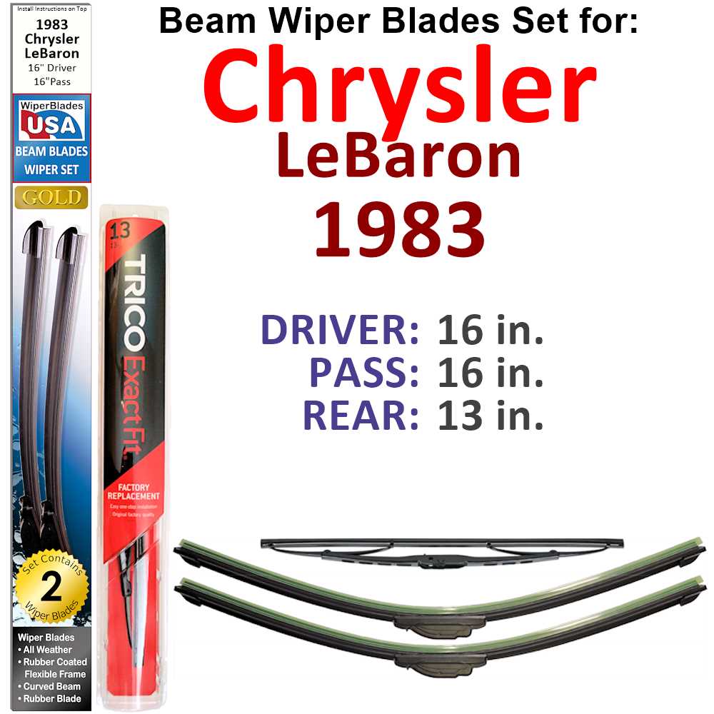 Set of 3 Beam Wiper Blades designed for 1983 Chrysler LeBaron, showcasing their flexible and sealed design for optimal performance.