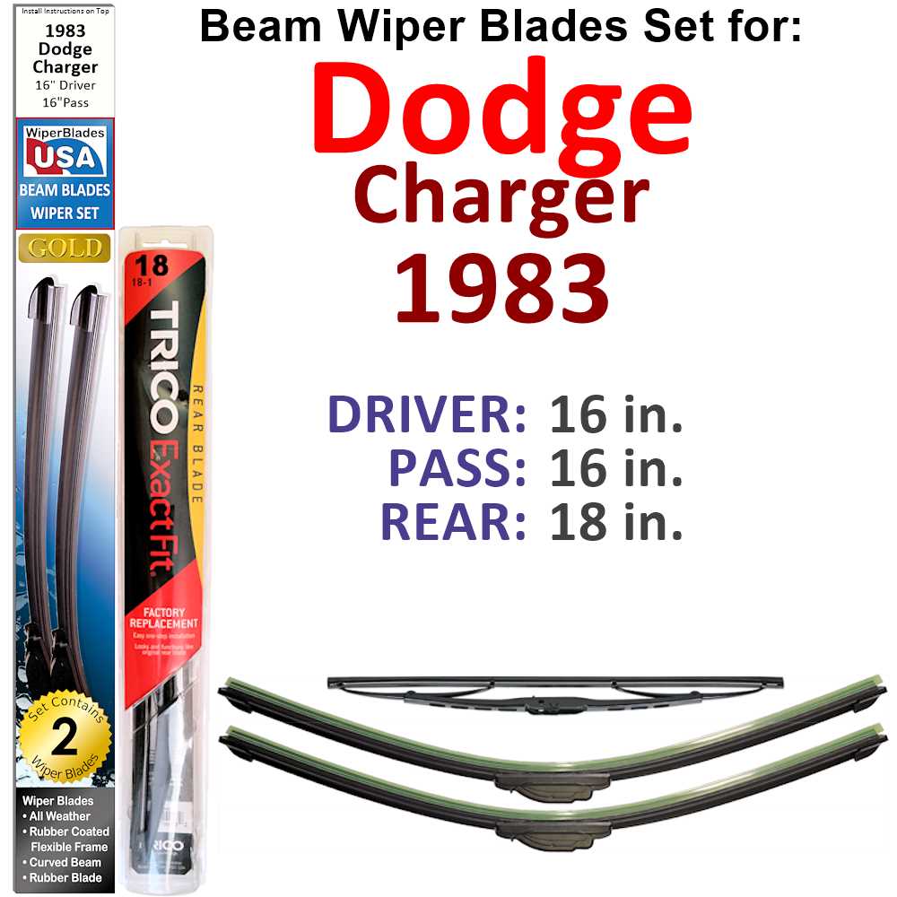 Set of 3 Beam Wiper Blades designed for 1983 Dodge Charger, showcasing their flexible and durable design.