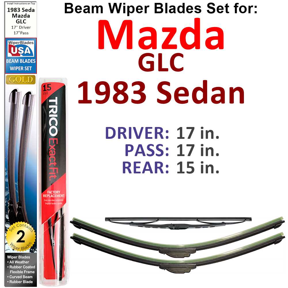 Set of 3 Beam Wiper Blades designed for 1983 Mazda GLC Sedan, showcasing their flexible and durable construction.