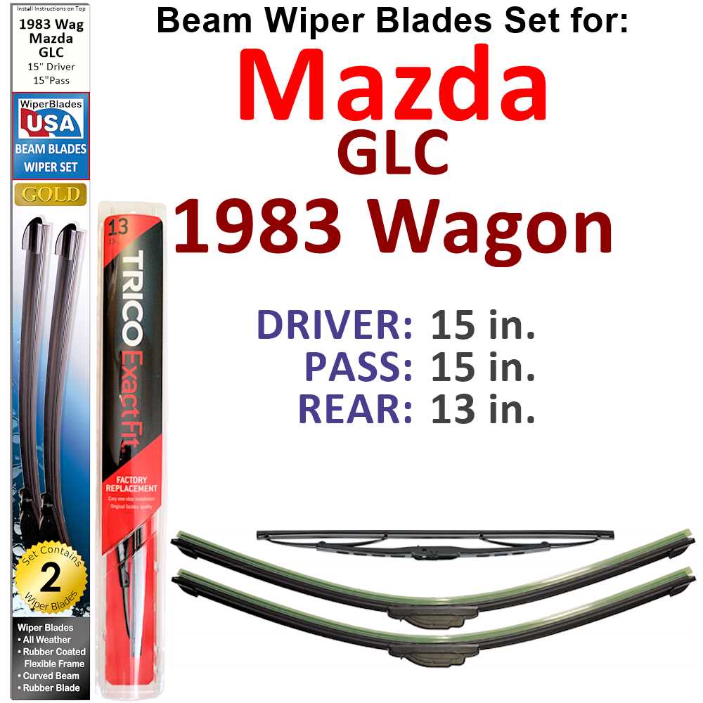 Set of 3 Beam Wiper Blades designed for 1983 Mazda GLC Wagon, showcasing their flexible and durable construction.