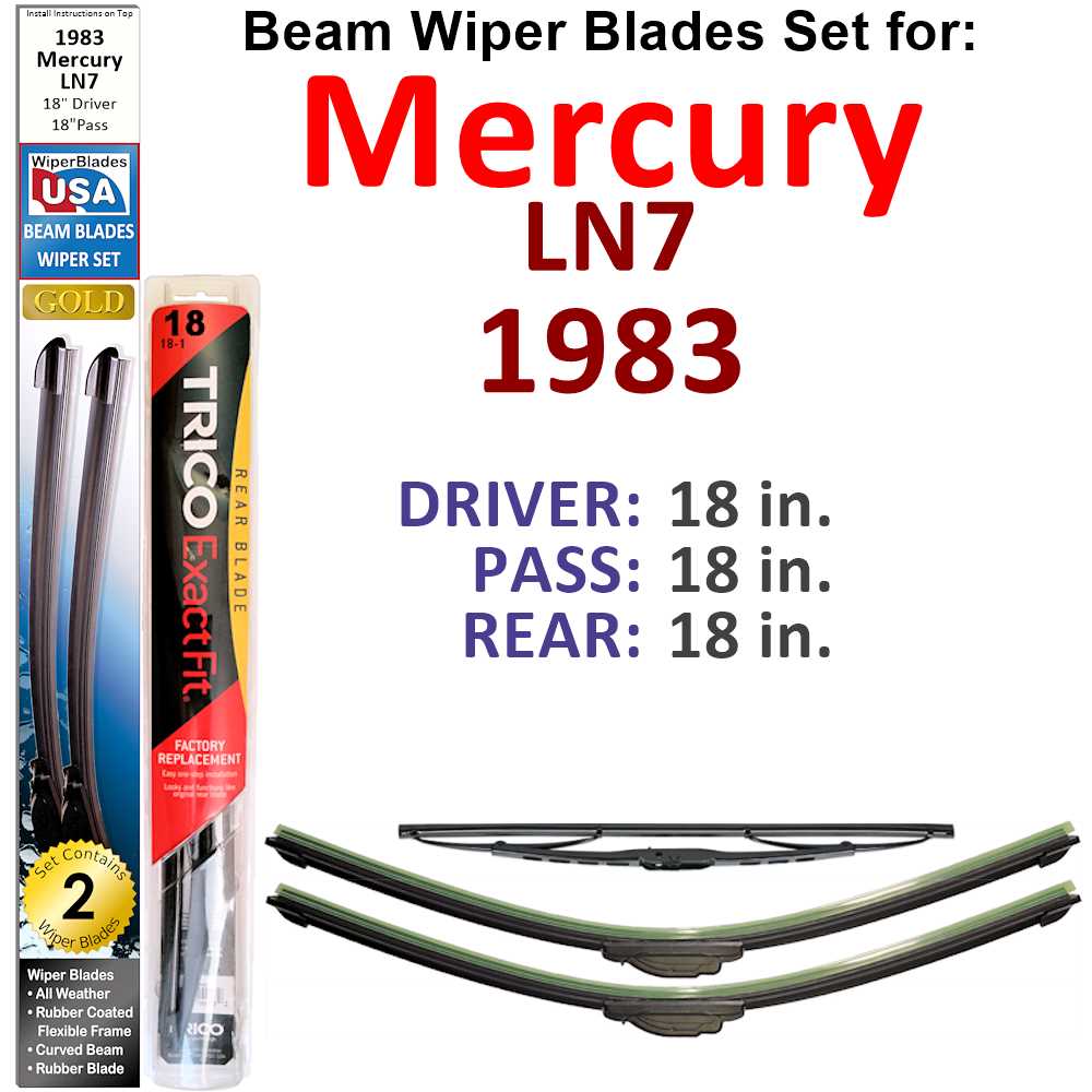 Set of 3 Beam Wiper Blades designed for 1983 Mercury LN7, showcasing their flexible and durable design.