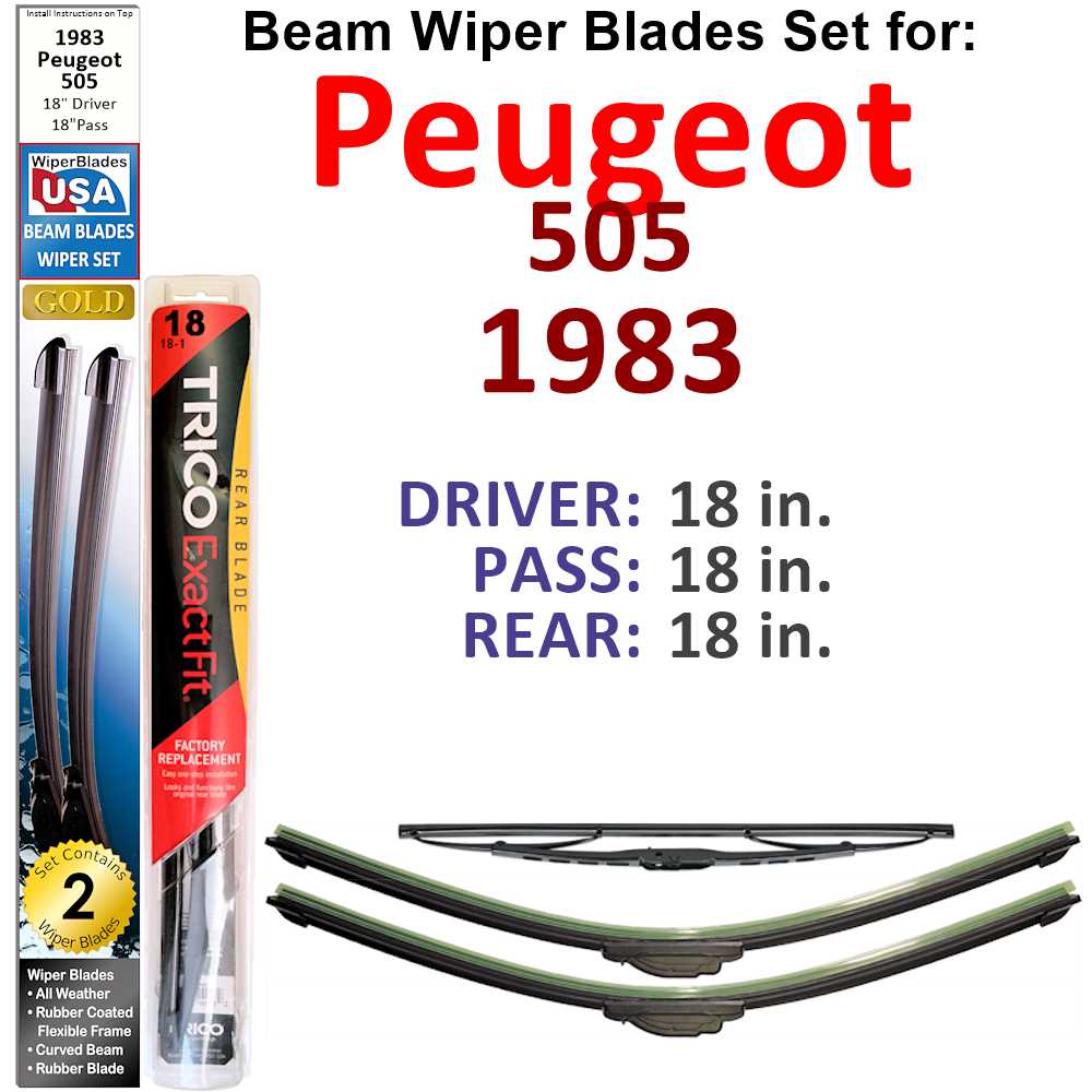 Set of 3 Beam Wiper Blades designed for 1983 Peugeot 505, featuring a sleek design and rubber-covered metal spine for durability.