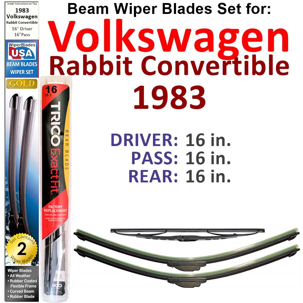 Set of 3 Beam Wiper Blades designed for 1983 Volkswagen Rabbit Convertible, showcasing their flexible and durable design.