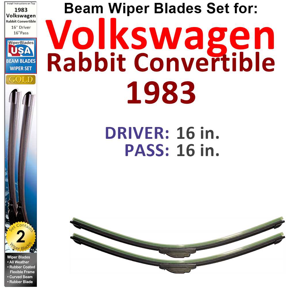 Set of two Beam Wiper Blades designed for 1983 Volkswagen Rabbit Convertible, showcasing their flexible and durable design.