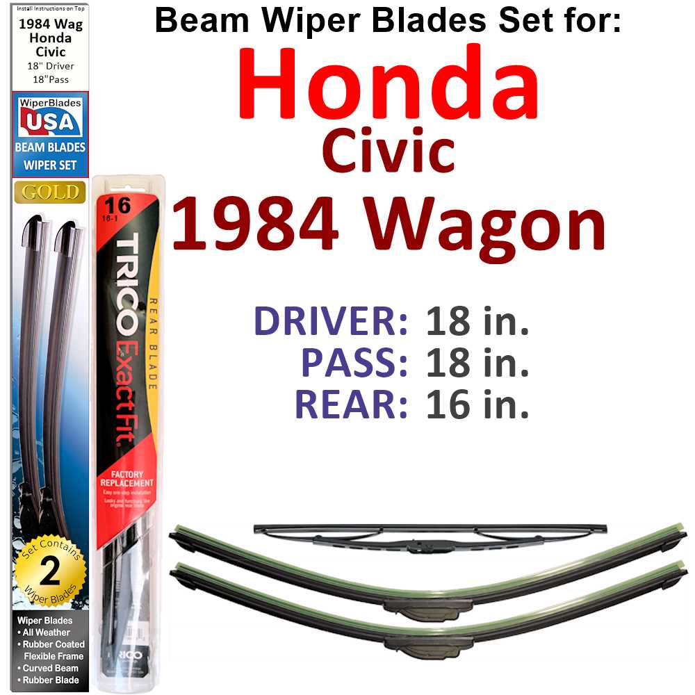 Set of 3 Beam Wiper Blades designed for 1984 Honda Civic Wagon, showcasing their flexible and durable design.