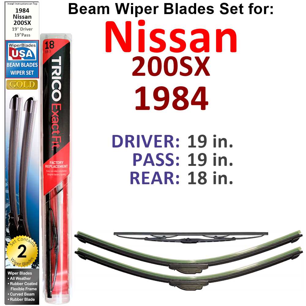 Set of 3 Beam Wiper Blades for 1984 Nissan 200SX, showcasing their flexible design and rubber-encased metal spine.