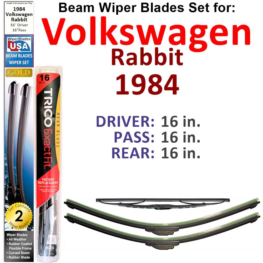 Set of 3 Beam Wiper Blades designed for 1984 Volkswagen Rabbit, showcasing their low-profile and flexible design.