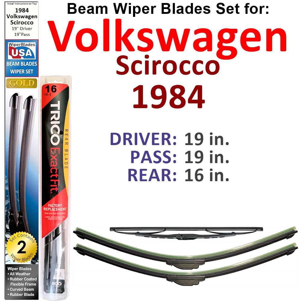 Set of 3 Beam Wiper Blades designed for 1984 Volkswagen Scirocco, showcasing their flexible and durable design.