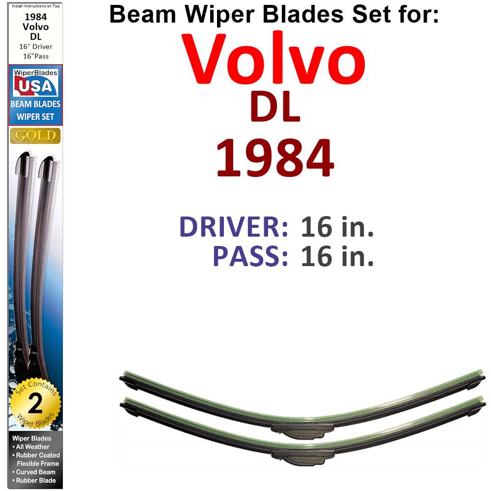 Set of 2 Beam Wiper Blades designed for 1984 Volvo DL, showcasing their flexible and durable construction.