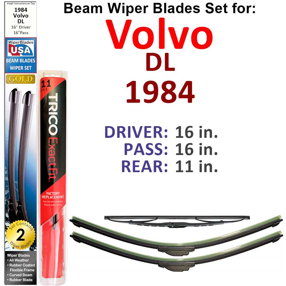 Set of 3 Beam Wiper Blades designed for 1984 Volvo DL, showcasing their flexible and durable construction.