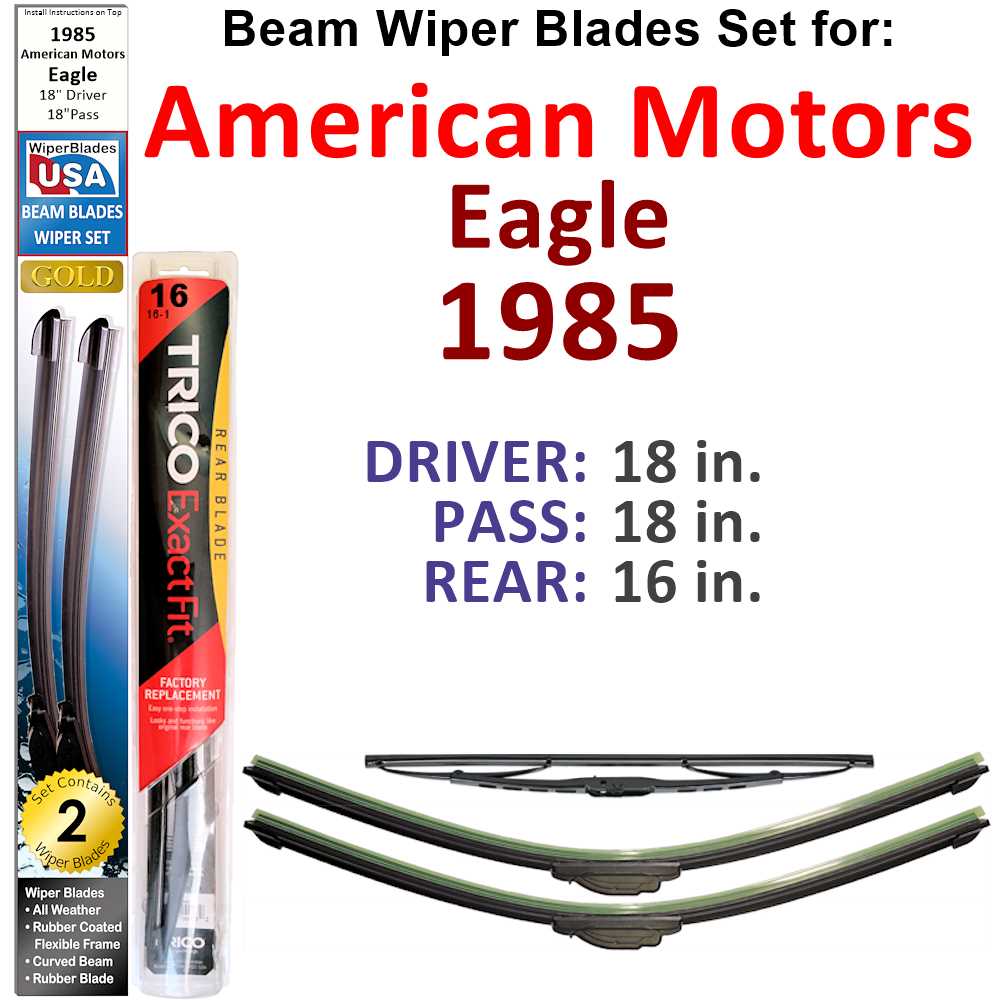 Set of 3 Beam Wiper Blades designed for 1985 American Motors Eagle, showcasing their flexible and durable design.