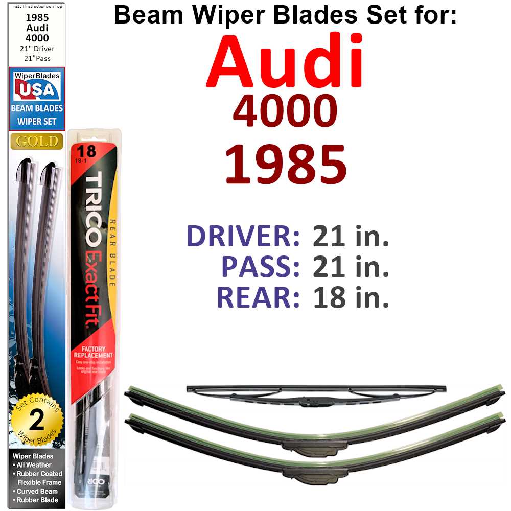 Set of 3 Beam Wiper Blades designed for 1985 Audi 4000, showcasing their sleek low-profile design and durable rubber construction.