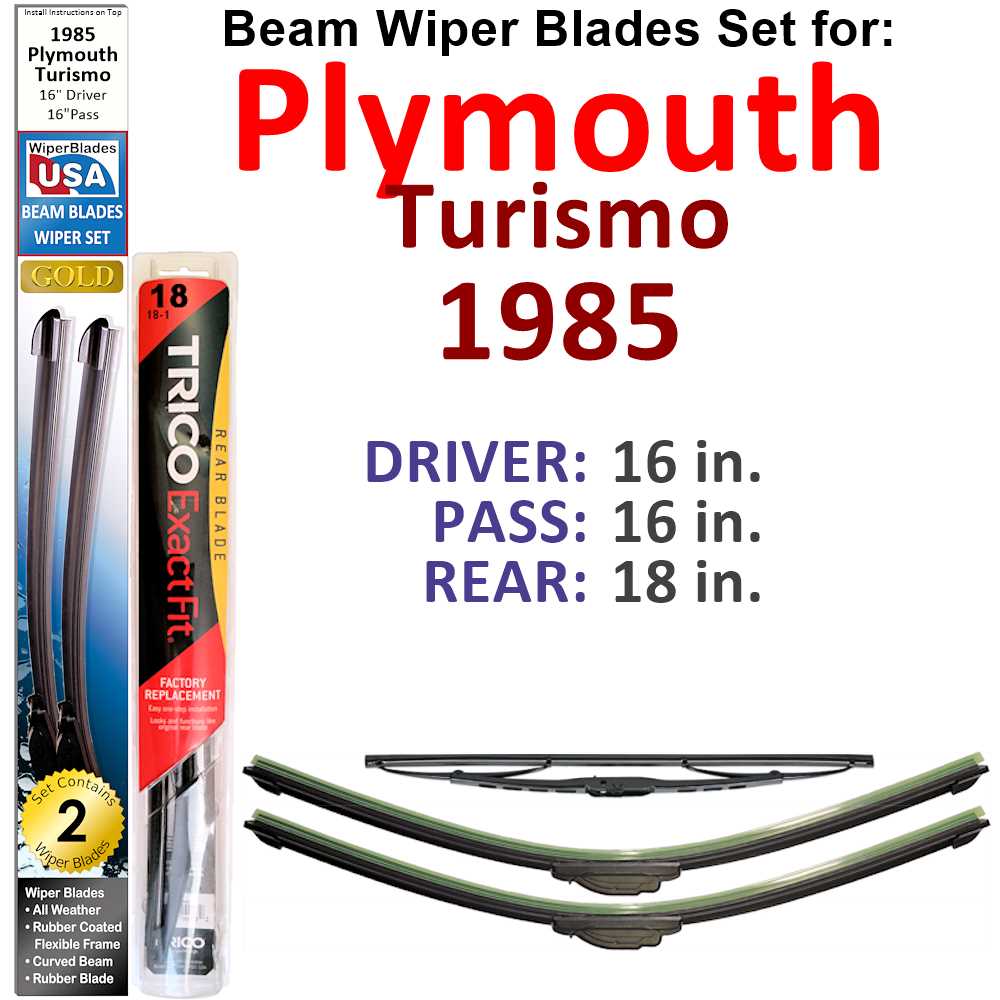 Set of 3 Beam Wiper Blades designed for 1985 Plymouth Turismo, showcasing their flexible and durable design.