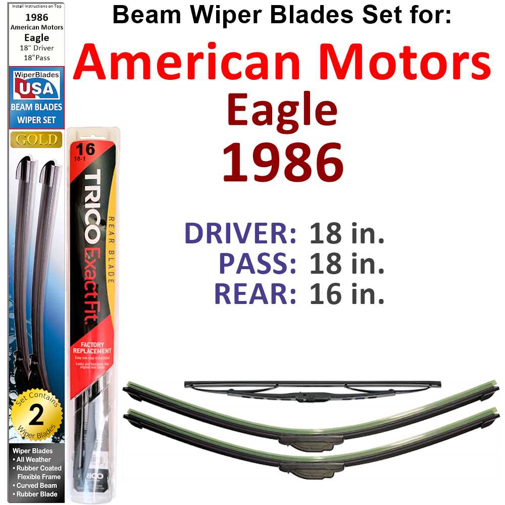 Set of 3 Beam Wiper Blades designed for 1986 American Motors Eagle, showcasing their flexible and durable construction.