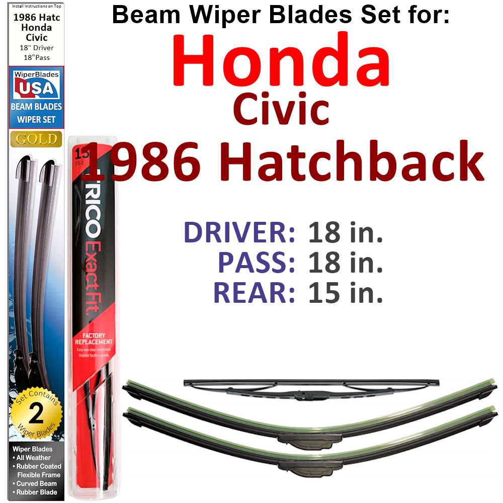 Set of 3 Beam Wiper Blades designed for 1986 Honda Civic Hatchback, showcasing flexible and durable construction.