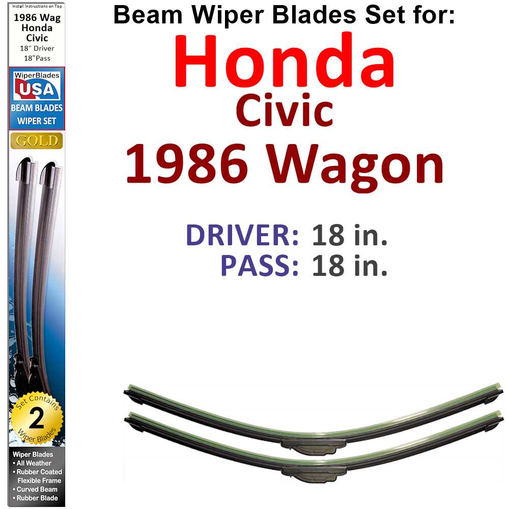 Set of 2 Beam Wiper Blades designed for 1986 Honda Civic Wagon, showcasing their flexible and durable construction.