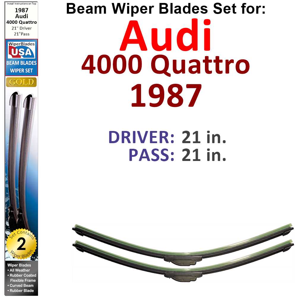 Set of 2 Beam Wiper Blades designed for 1987 Audi 4000 Quattro, showcasing their flexible and durable construction.