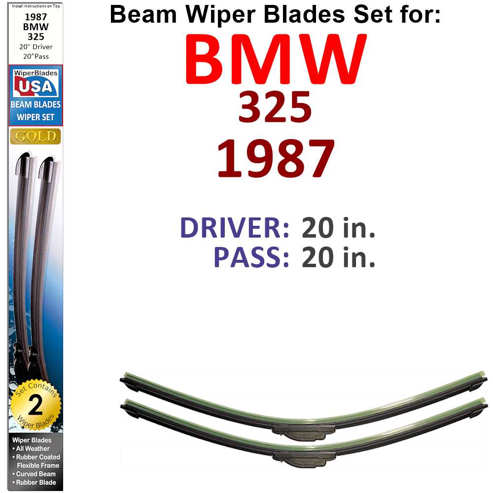 Set of two Beam Wiper Blades designed for 1987 BMW 325, showcasing their sleek low-profile design and durable rubber construction.