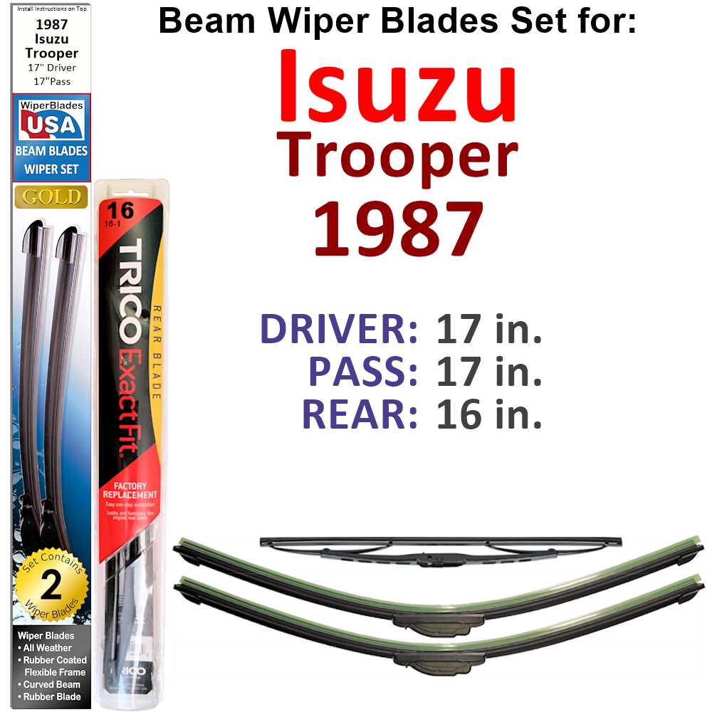 Set of 3 Beam Wiper Blades designed for 1987 Isuzu Trooper, showcasing their flexible and durable construction.