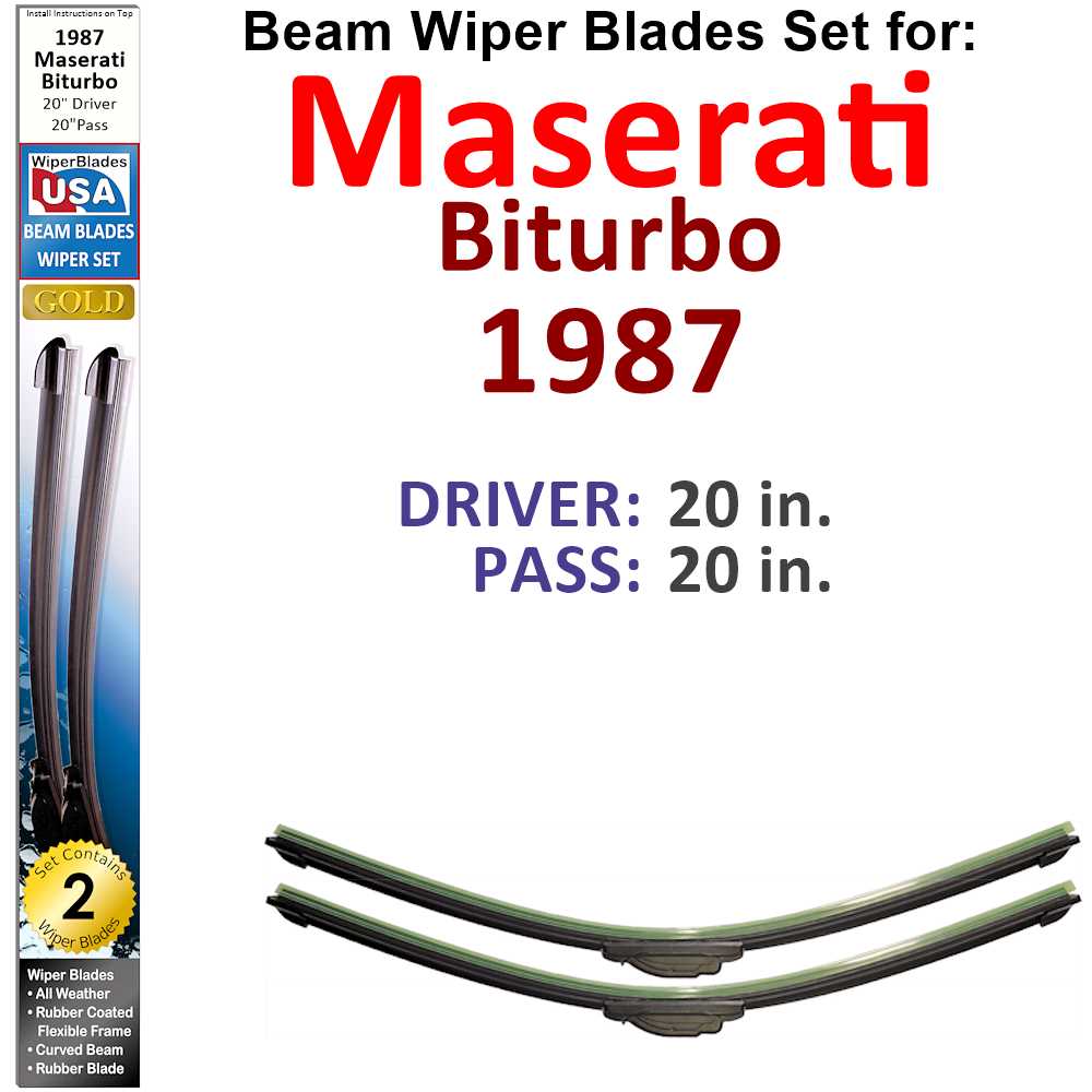 Set of two Beam Wiper Blades designed for 1987 Maserati Biturbo, showcasing their flexible and durable construction.