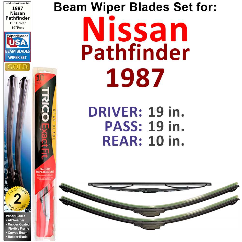 Set of 3 Beam Wiper Blades designed for 1987 Nissan Pathfinder, showcasing their flexible and durable construction.