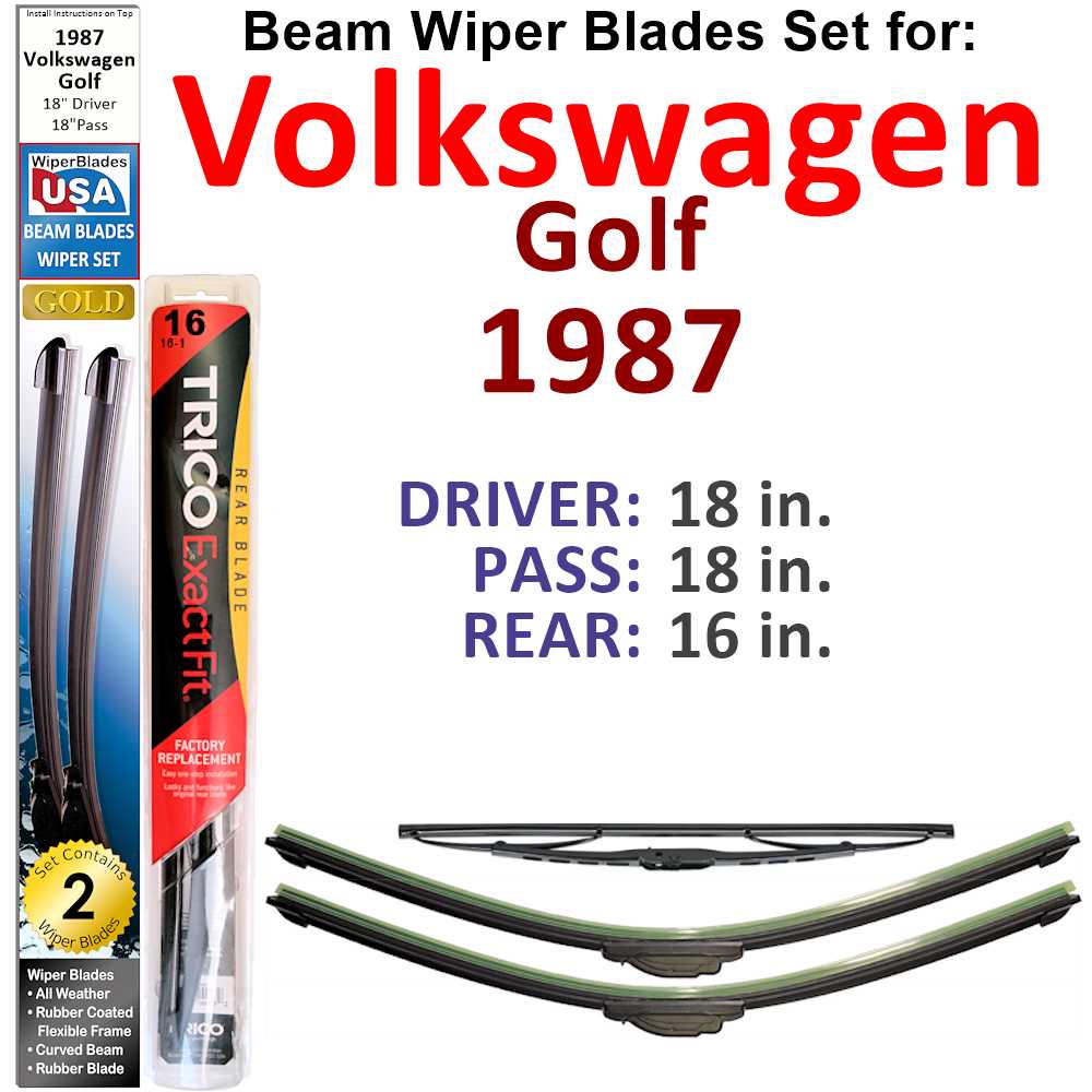 Set of 3 Beam Wiper Blades for 1987 Volkswagen Golf GTI 16-Valve, showcasing their flexible design and rubber-encased metal spine.