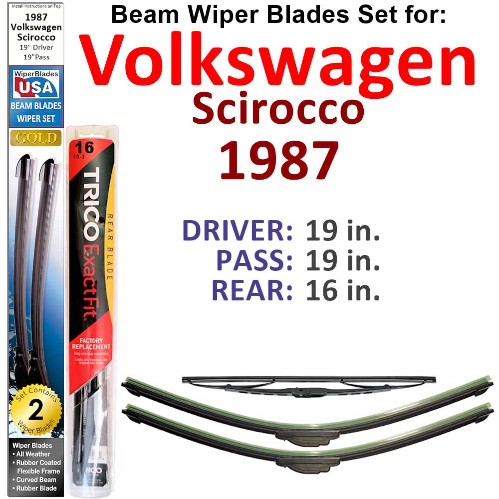 Set of 3 Beam Wiper Blades designed for 1987 Volkswagen Scirocco, showcasing their flexible and sealed design for optimal windshield cleaning.